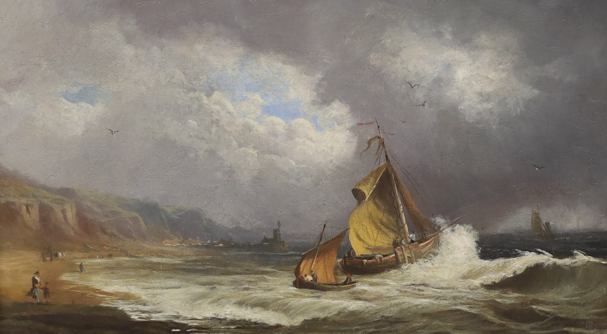 19th Century English School, oil on canvas, Fishing boats along the coast, indistinctly signed, 35 x 60cm